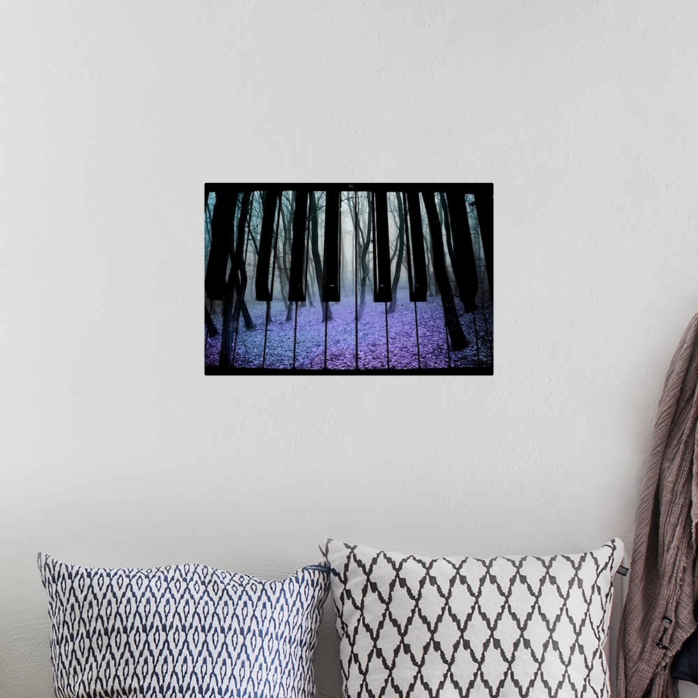 A bohemian room featuring A gloomy forest with twisted bare trees is pictured onto piano keys.