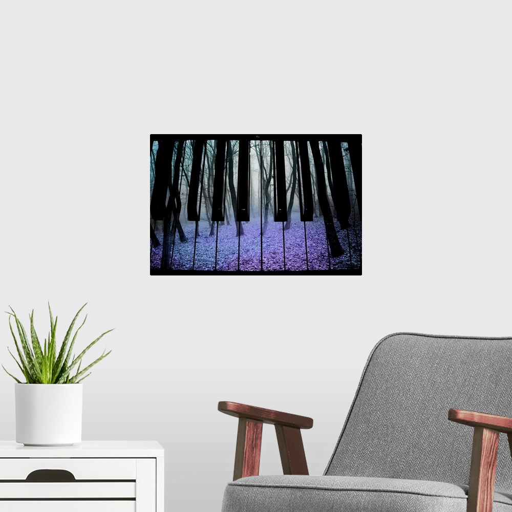 A modern room featuring A gloomy forest with twisted bare trees is pictured onto piano keys.