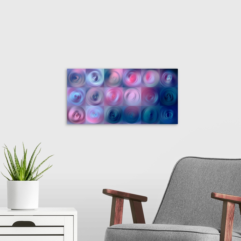 A modern room featuring Abstract artwork using deep purple tones and water like ripples.