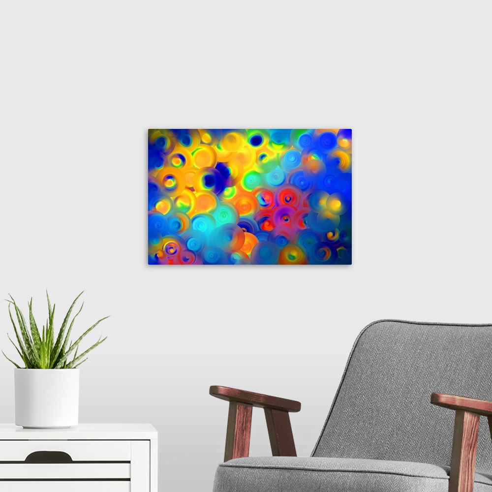 A modern room featuring Abstract artwork of overlapping swirling circles in vibrant yellow, red, and blue.