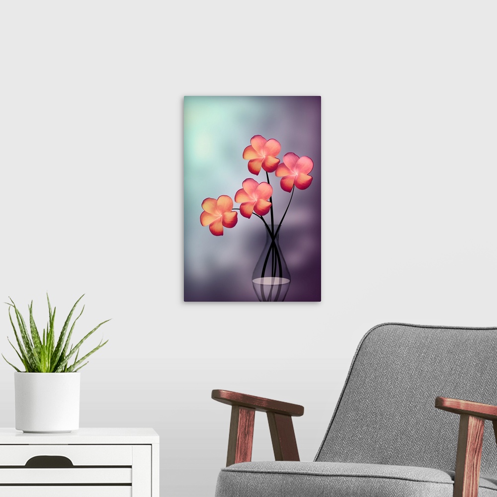 A modern room featuring Four coral pink flowers in a clear glass vase.