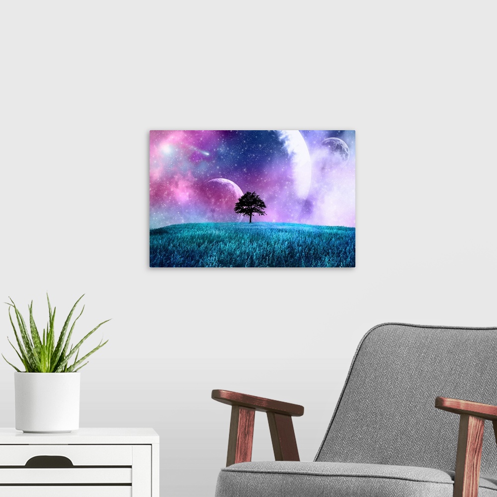 A modern room featuring A lone tree in a field under a night sky filled with moons and stars.