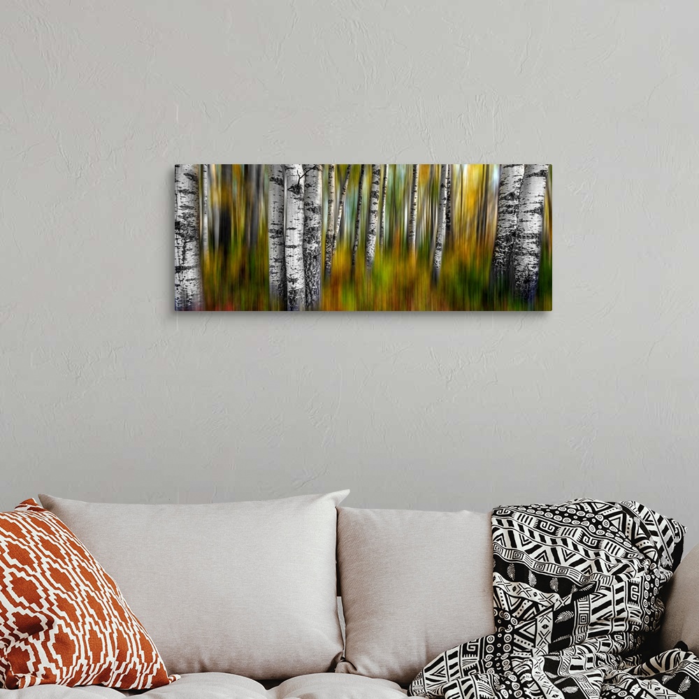 A bohemian room featuring A two image abstract of a colorful fall forest with intentional motion blur.