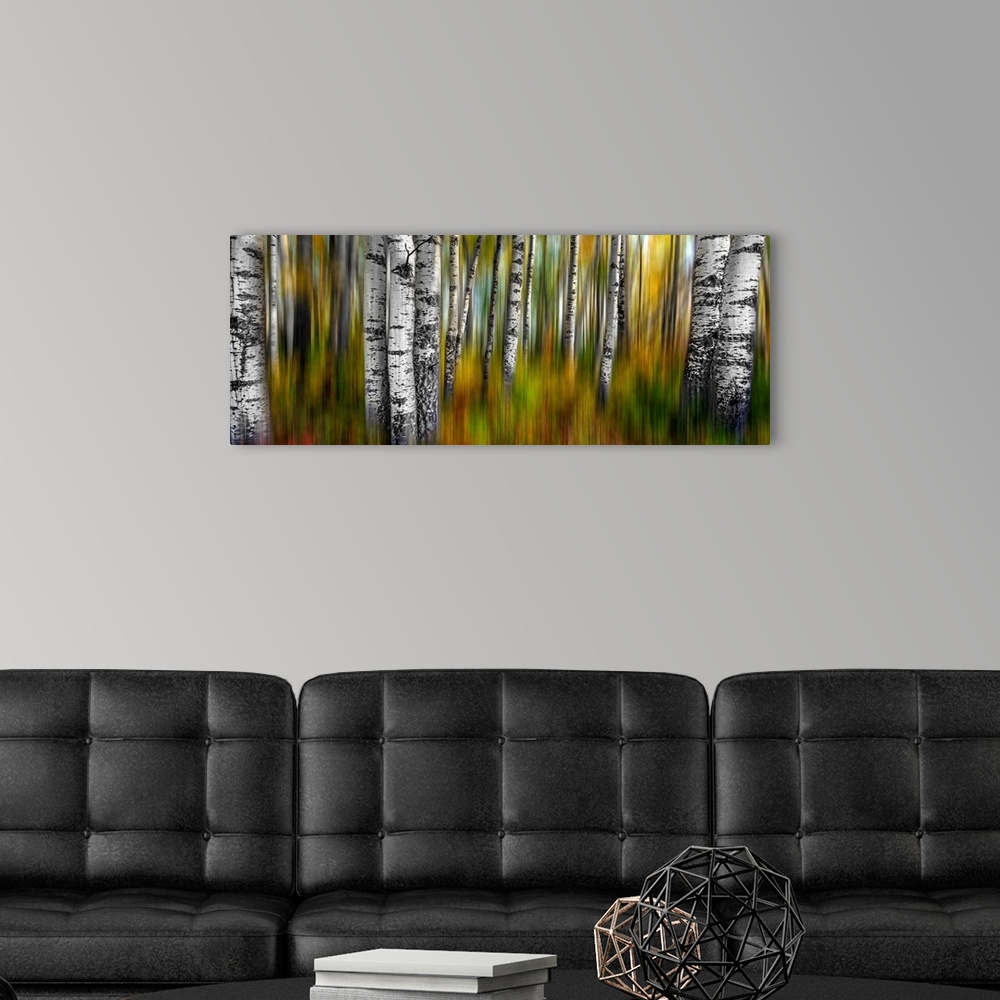 A modern room featuring A two image abstract of a colorful fall forest with intentional motion blur.