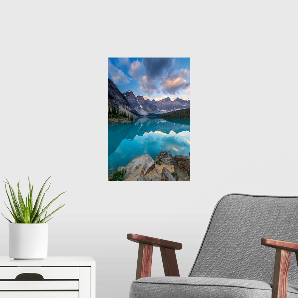 A modern room featuring A sunrise refelection on Moraine Lake in the Canadian Rocky Mountains.