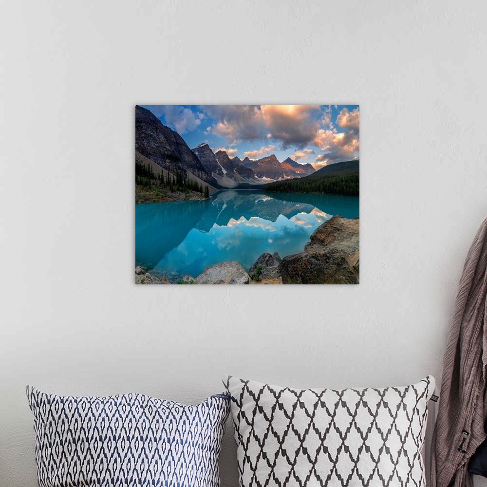 A bohemian room featuring A sunrise refelection on Moraine Lake in the Canadian Rocky Mountains.