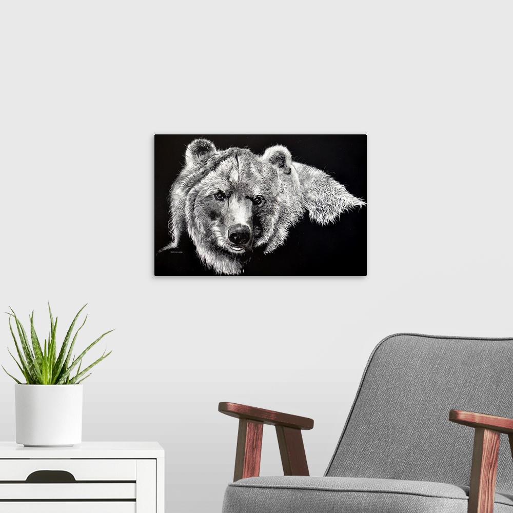 A modern room featuring A scratchboard of this huge Grizzly Bear reveals that he has just come out of the river by the ma...