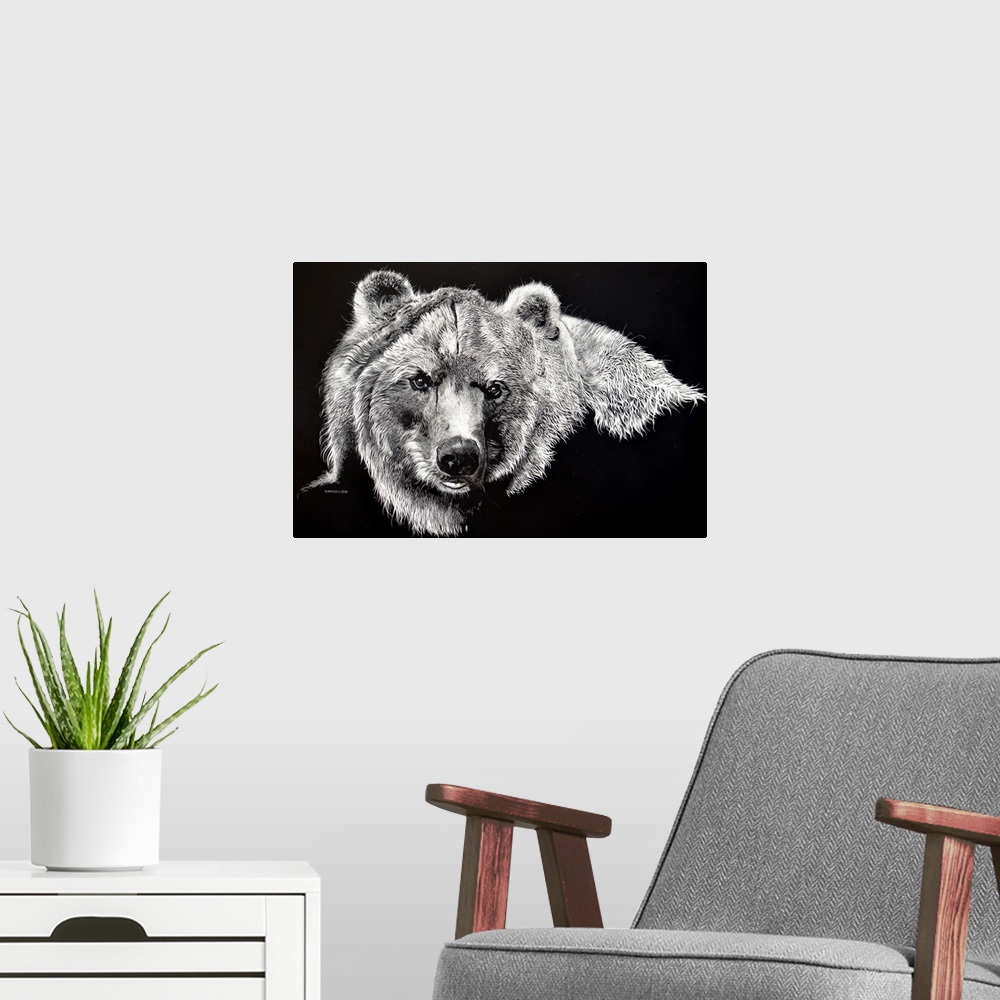 A modern room featuring A scratchboard of this huge Grizzly Bear reveals that he has just come out of the river by the ma...