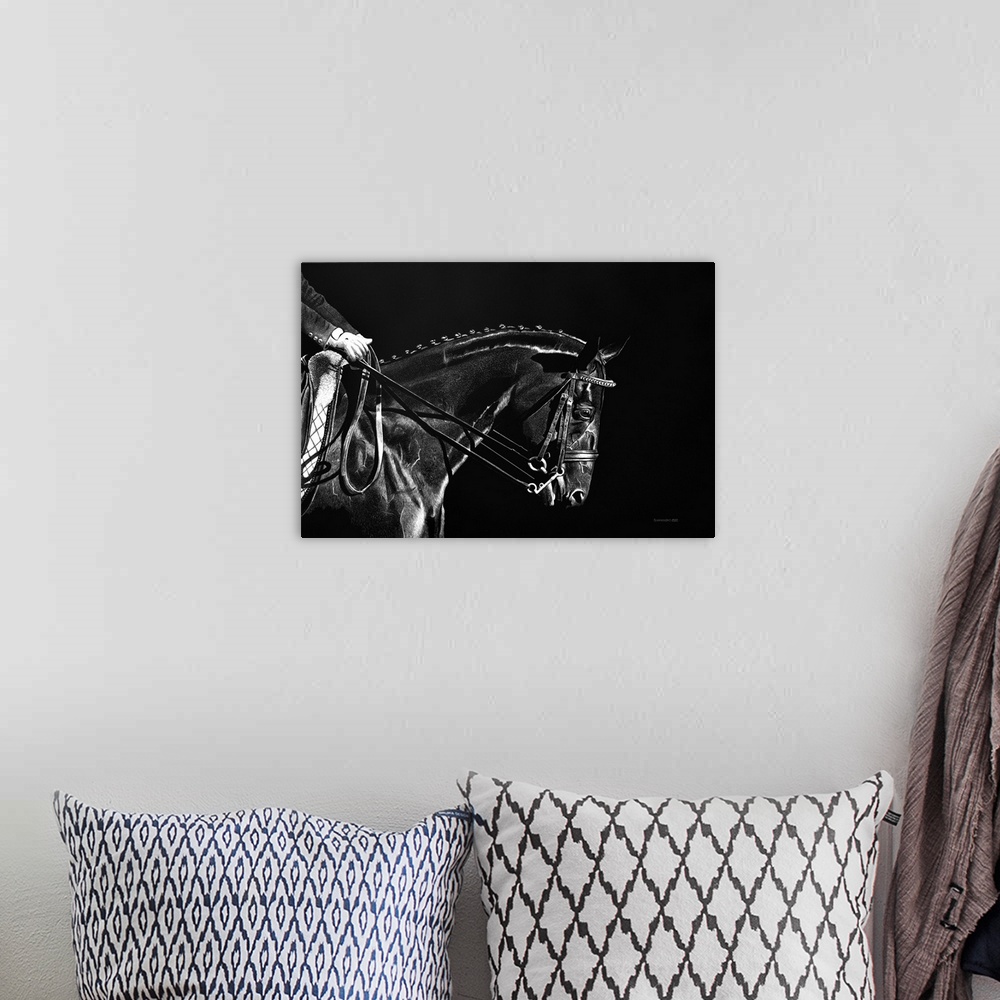 A bohemian room featuring This scratchboard depicts a woman rider just entering an Equestrian competition on this beautiful...