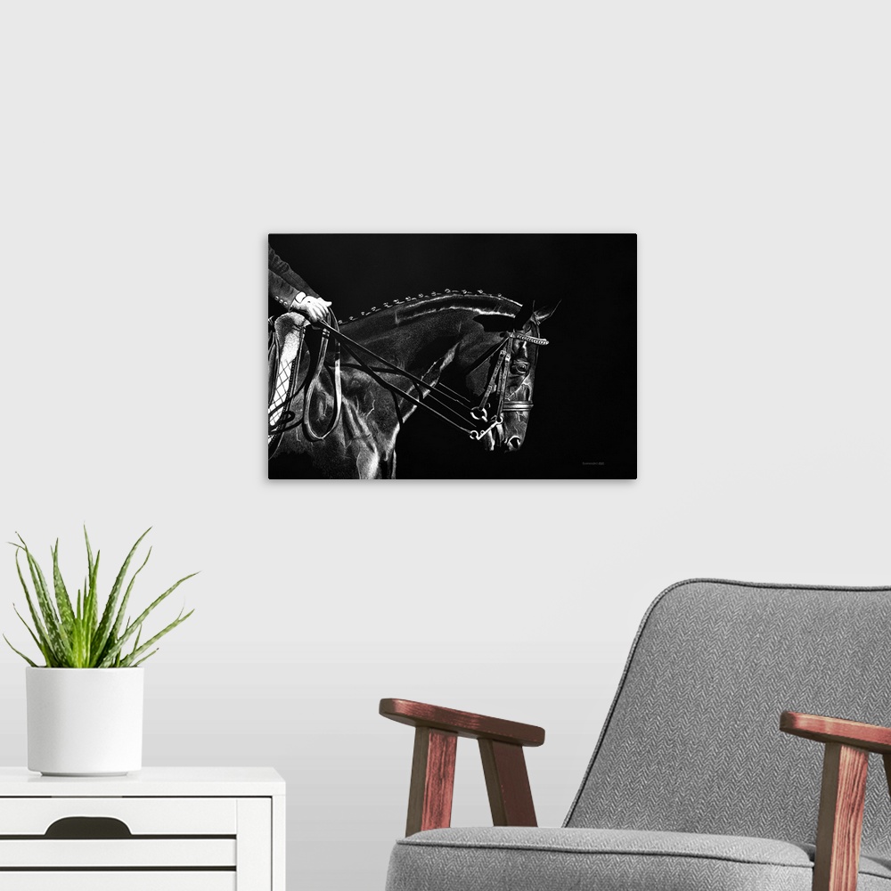 A modern room featuring This scratchboard depicts a woman rider just entering an Equestrian competition on this beautiful...