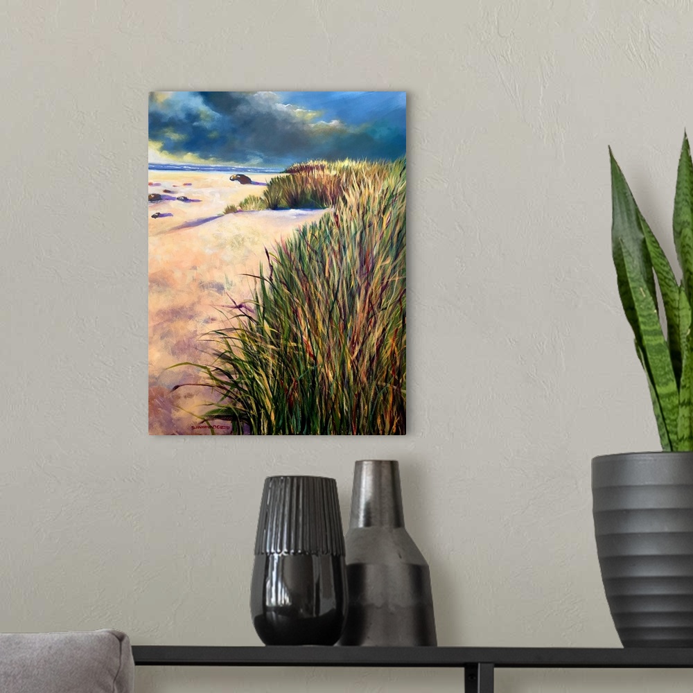 A modern room featuring This piece is painted with muted colors in the sky and brighter colored strokes for the grass in ...