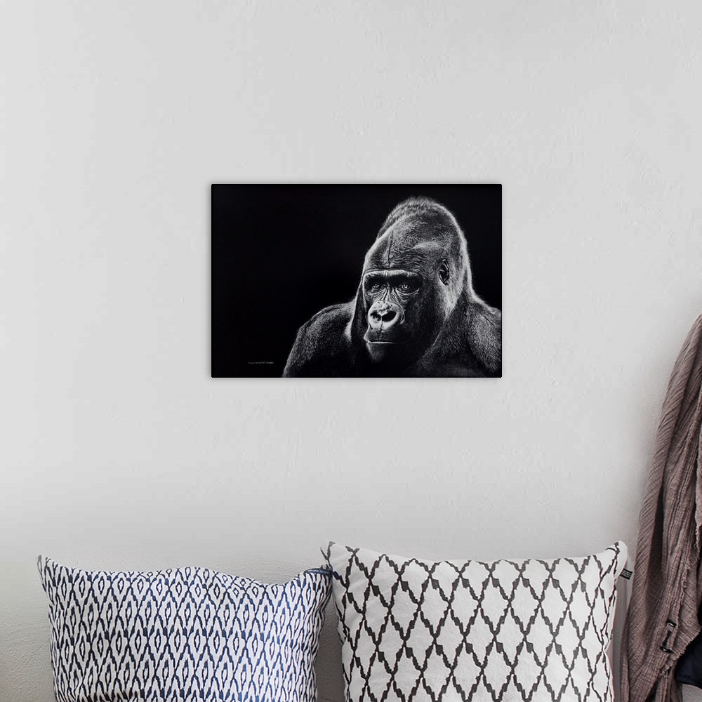 A bohemian room featuring A powerful head and shoulders portrait of a majestic Mountain gorilla created in the scratchboard...