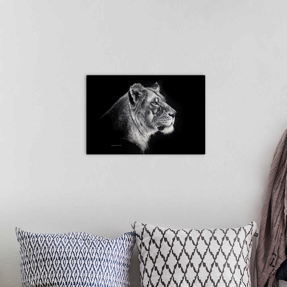 A bohemian room featuring The power of this scratchboard is the beautiful eye of this Lioness. She is staring at her cubs a...