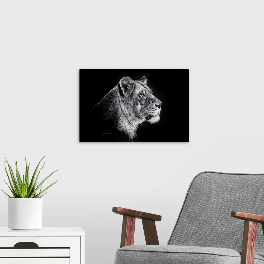 A modern room featuring The power of this scratchboard is the beautiful eye of this Lioness. She is staring at her cubs a...