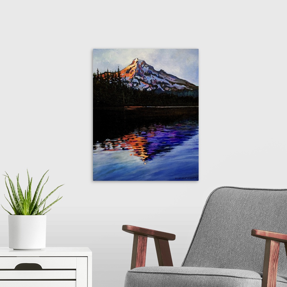 A modern room featuring This is beautiful Mountain in Oregon, reflecting into Lost Lake. The bright warm colors on the co...
