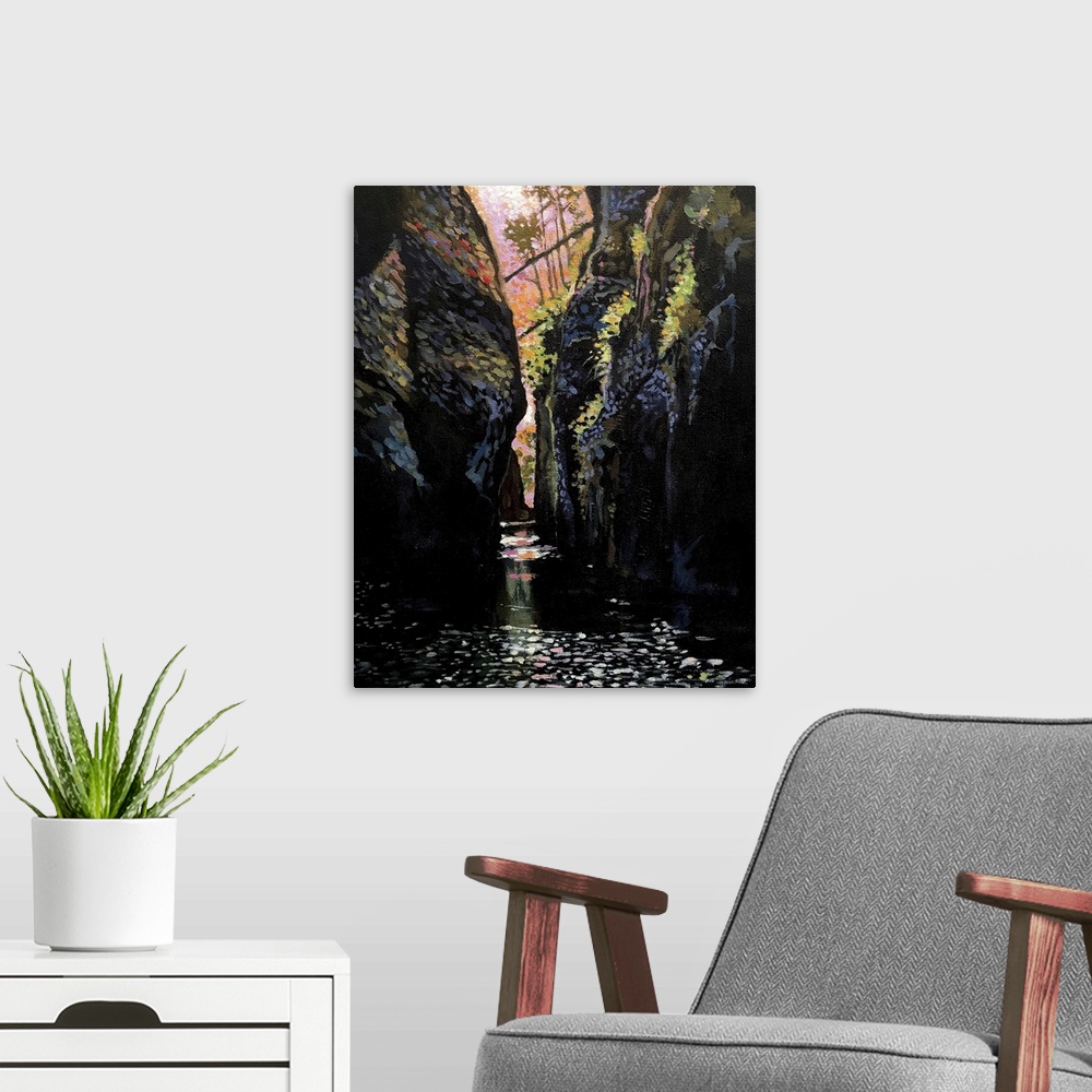 A modern room featuring Light is the simple driver in this piece. The warm sun at the top is bleeding through the canyon ...
