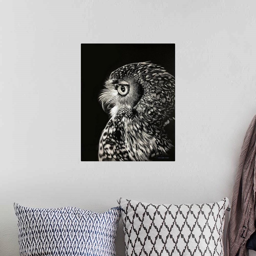 A bohemian room featuring This scratchboard of a beautiful barred Owl Profile shows the amazing detail feathers around the ...