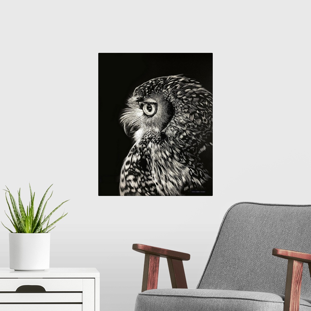 A modern room featuring This scratchboard of a beautiful barred Owl Profile shows the amazing detail feathers around the ...