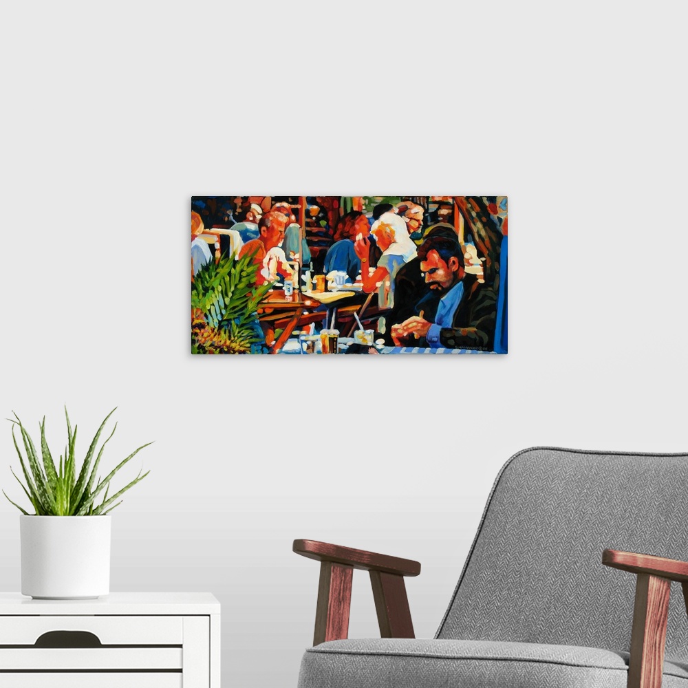 A modern room featuring A close-up scene of business people and tourists enjoying lunch at an outdoor caf?. Painted in a ...