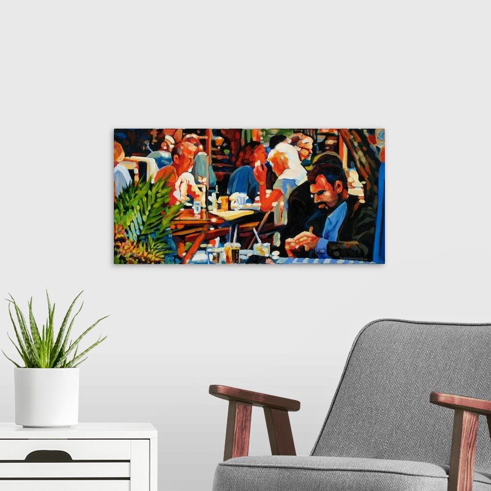 A modern room featuring A close-up scene of business people and tourists enjoying lunch at an outdoor caf?. Painted in a ...