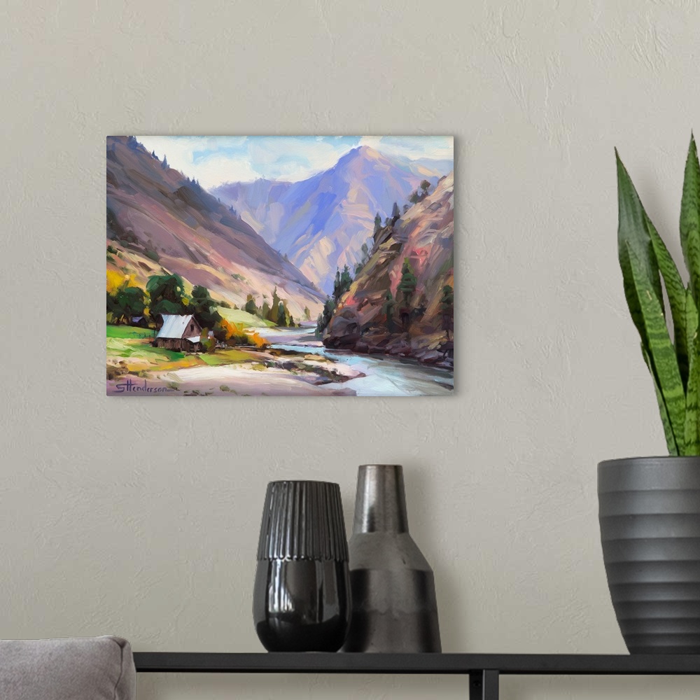 A modern room featuring Traditional impressionist landscape painting of a rural homestead along a wilderness river in Idaho.