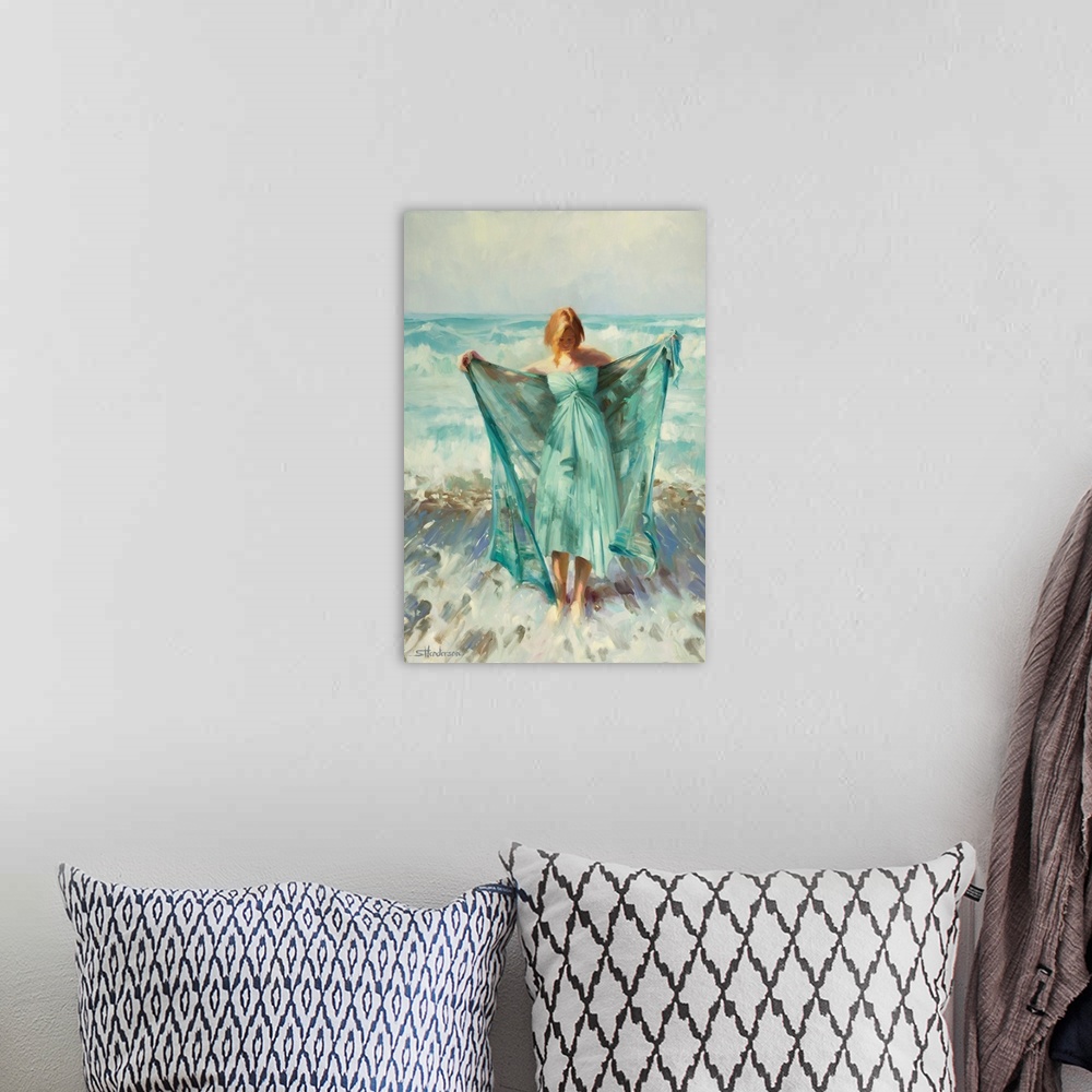 A bohemian room featuring Traditional impressionist painting of a beautiful redheaded woman rising from a foam of sea surf ...