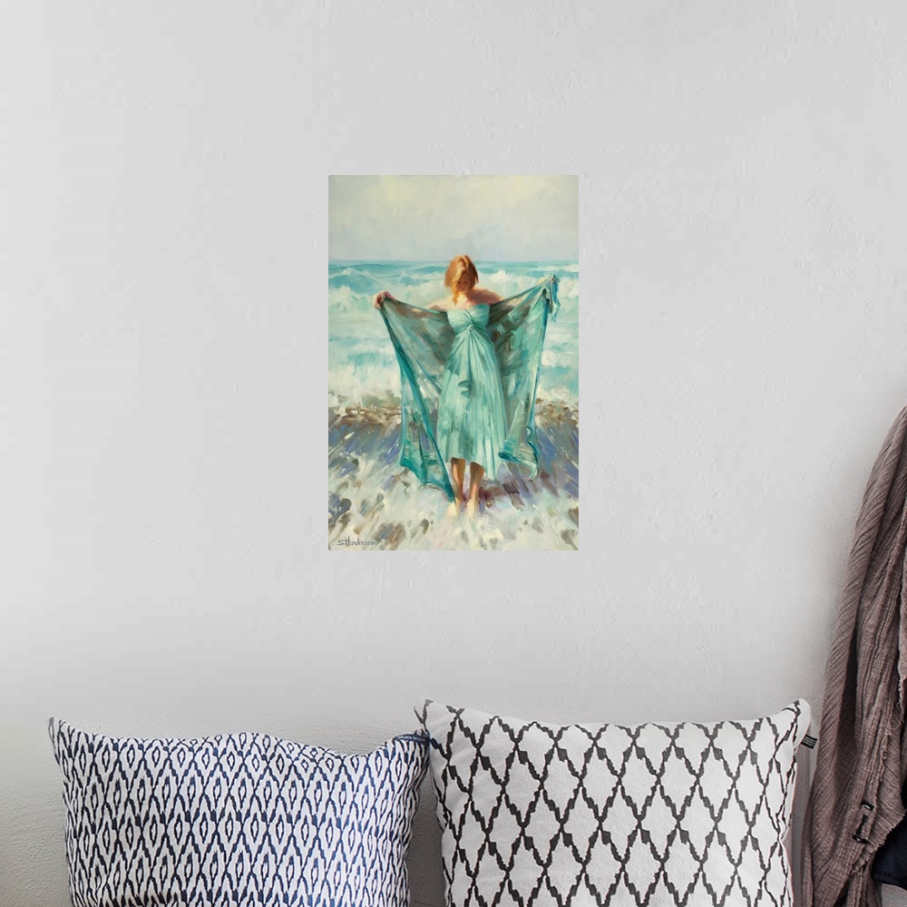 A bohemian room featuring Traditional impressionist painting of a beautiful redheaded woman rising from a foam of sea surf ...