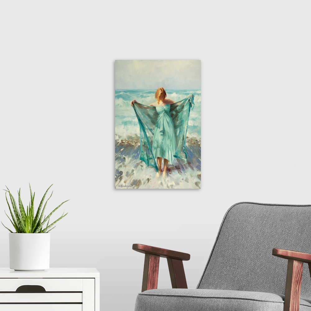 A modern room featuring Traditional impressionist painting of a beautiful redheaded woman rising from a foam of sea surf ...