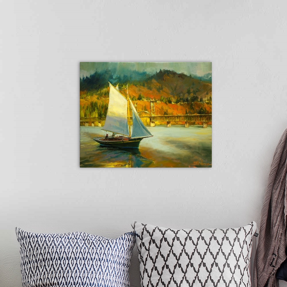 A bohemian room featuring Traditional painting of a sailboat on the Columbia River Gorge river in autumn near a bridge in t...