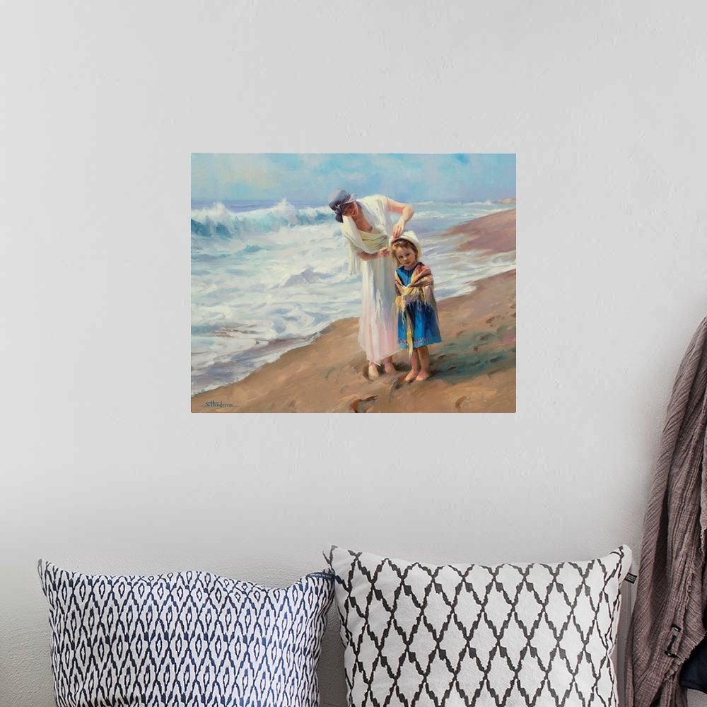 A bohemian room featuring Traditional representational painting of a mother and daughter at the beach. The girl is wearing ...