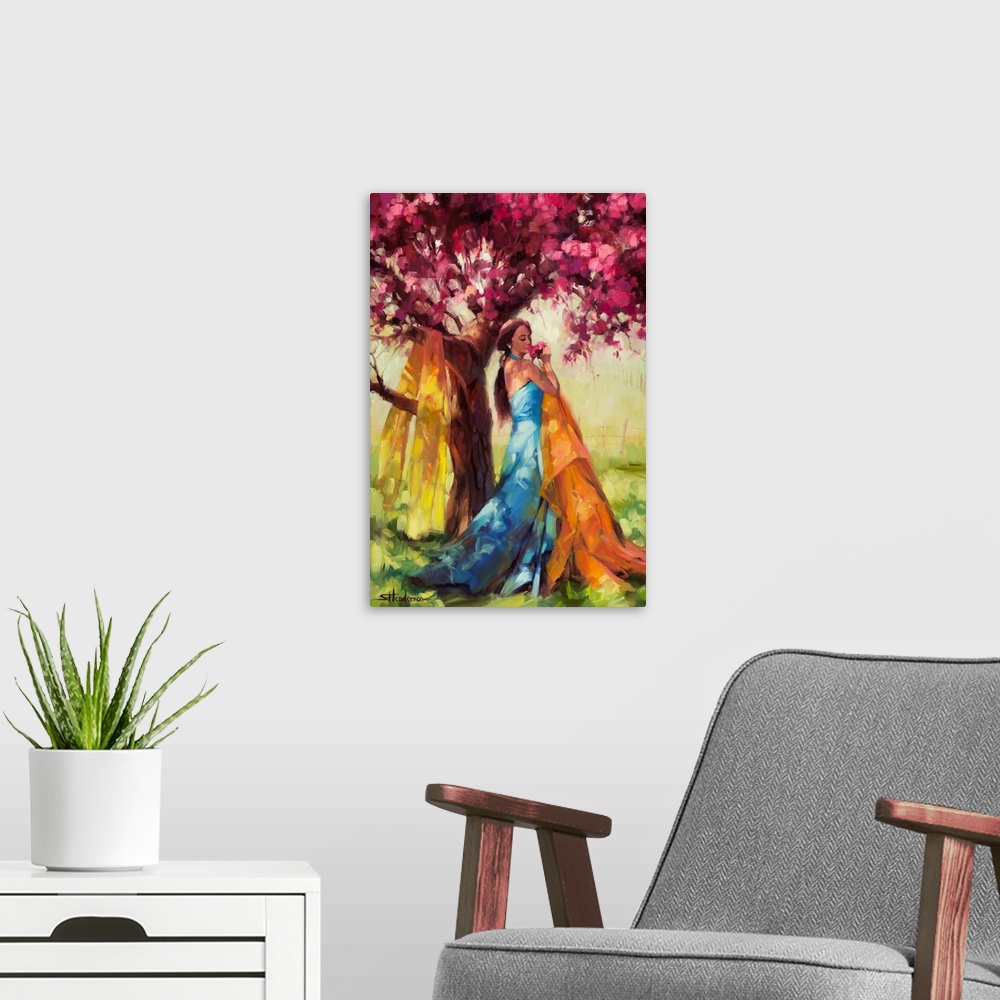 A modern room featuring Traditional representational painting of a young woman standing before a blossoming tree in sprin...