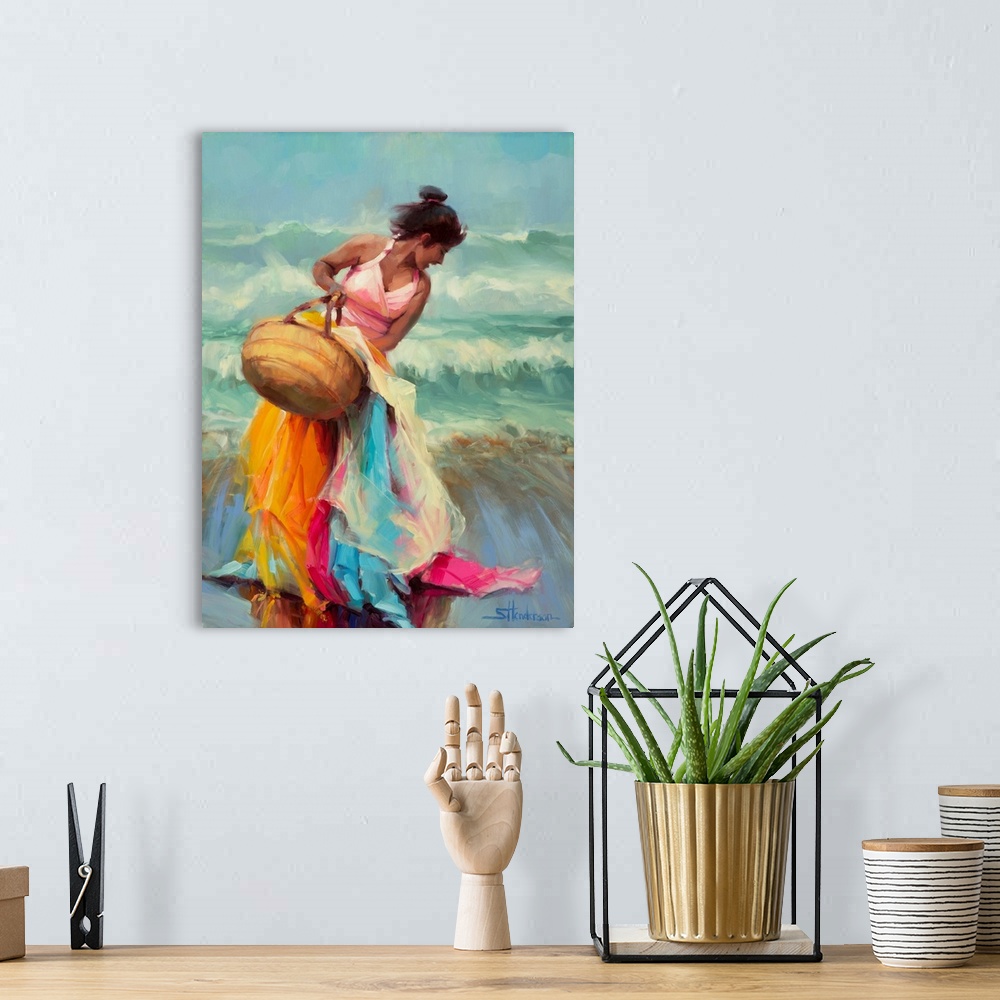 A bohemian room featuring Traditional impressionist painting of a beautiful,laughing Hispanic woman holding a basket of ove...
