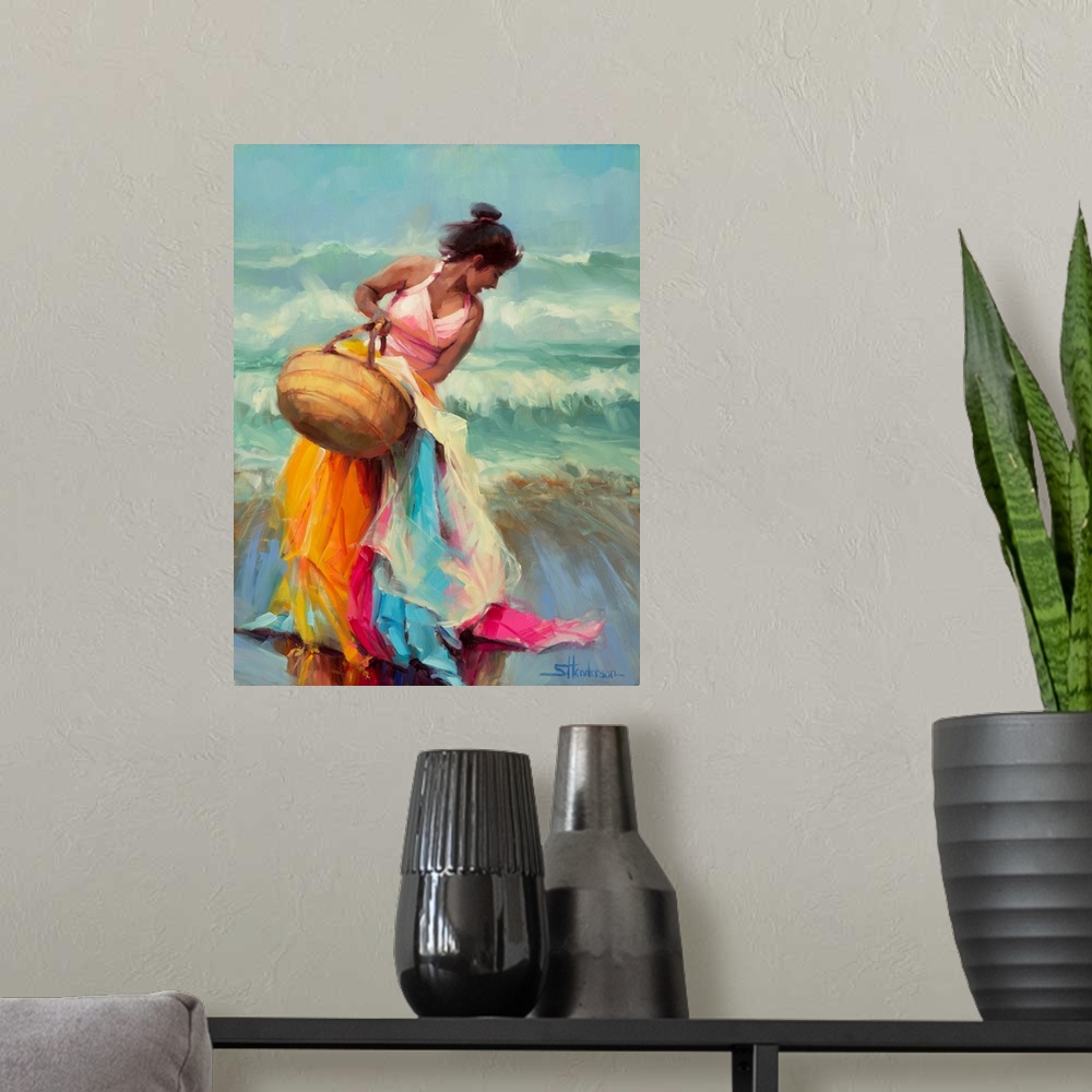 A modern room featuring Traditional impressionist painting of a beautiful,laughing Hispanic woman holding a basket of ove...