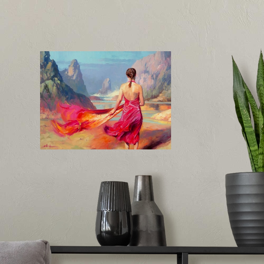 A modern room featuring Traditional representational painting of a young, beautiful woman walking confidently across the ...