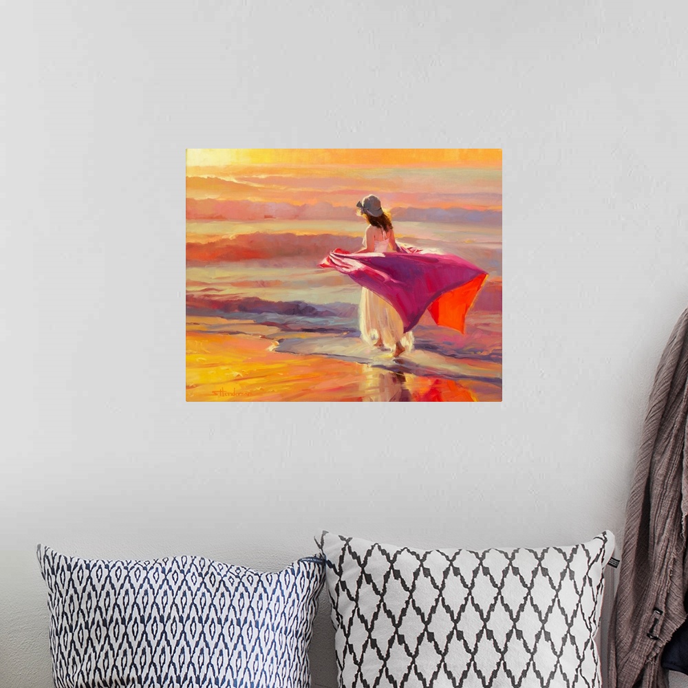 A bohemian room featuring Traditional impressionist painting of lone woman strolling barefoot on the ocean beach at sunset