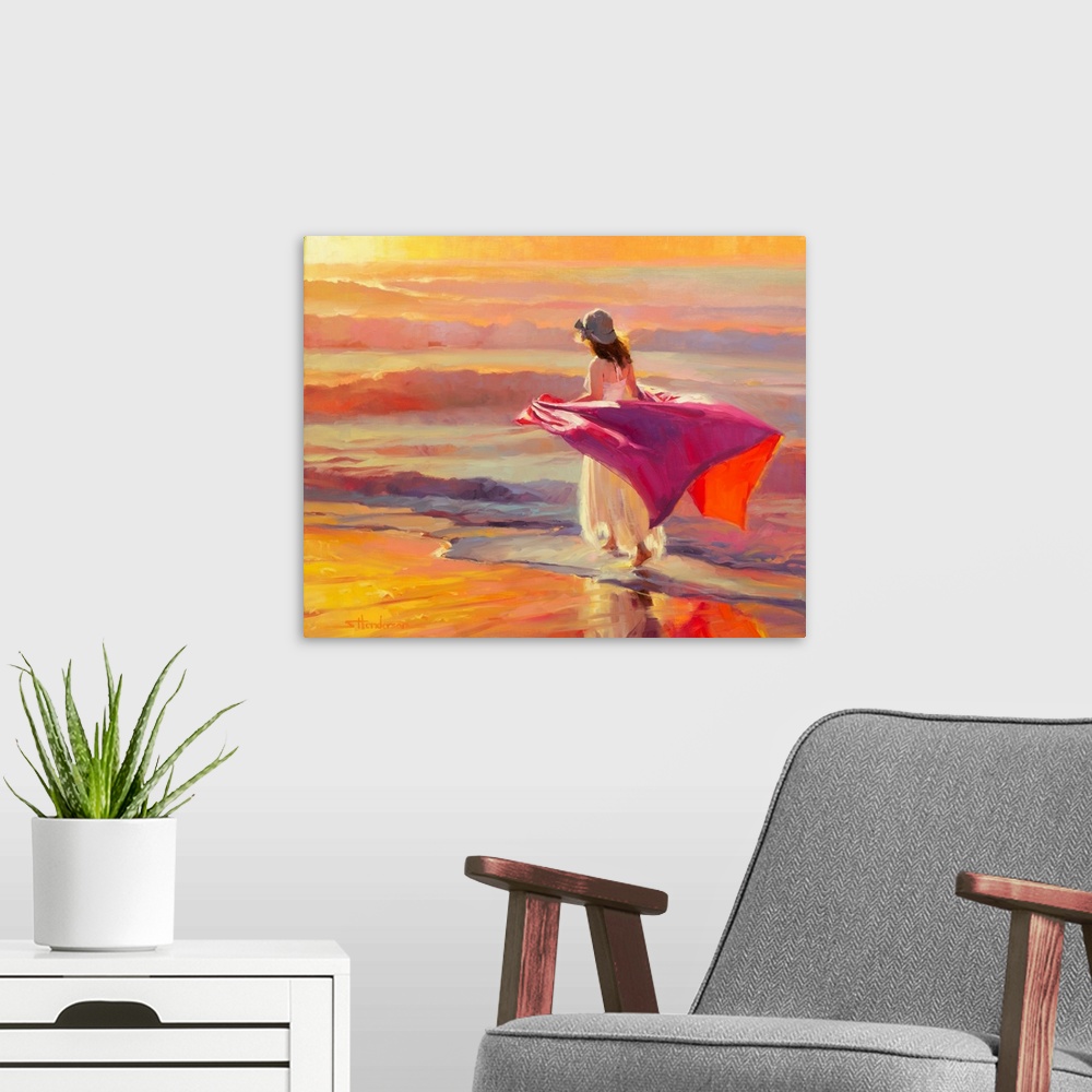 A modern room featuring Traditional impressionist painting of lone woman strolling barefoot on the ocean beach at sunset
