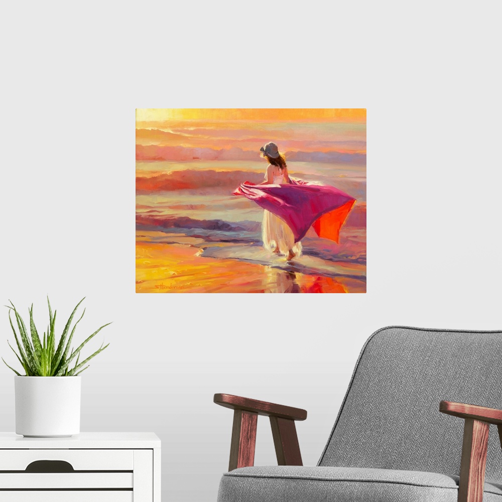 A modern room featuring Traditional impressionist painting of lone woman strolling barefoot on the ocean beach at sunset