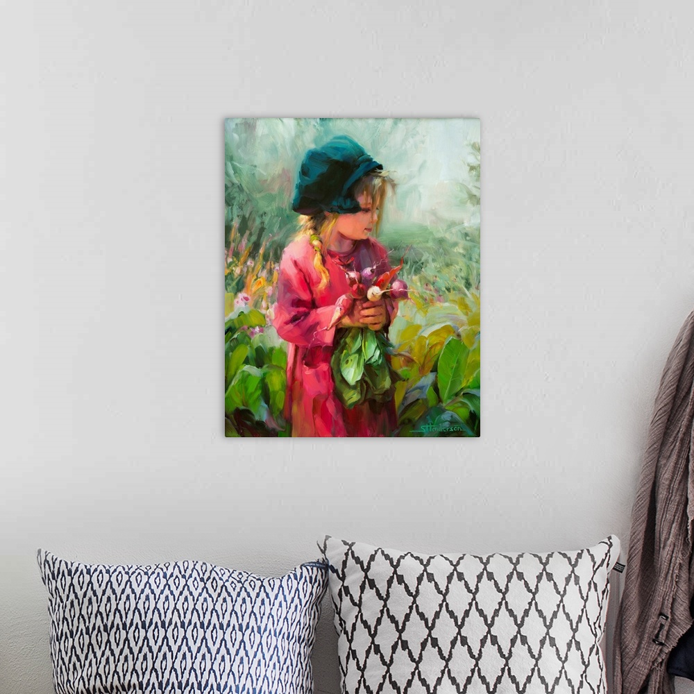 A bohemian room featuring Traditional impressionist oil painting of a little girl, in a green hat, holding a bouquet of rad...