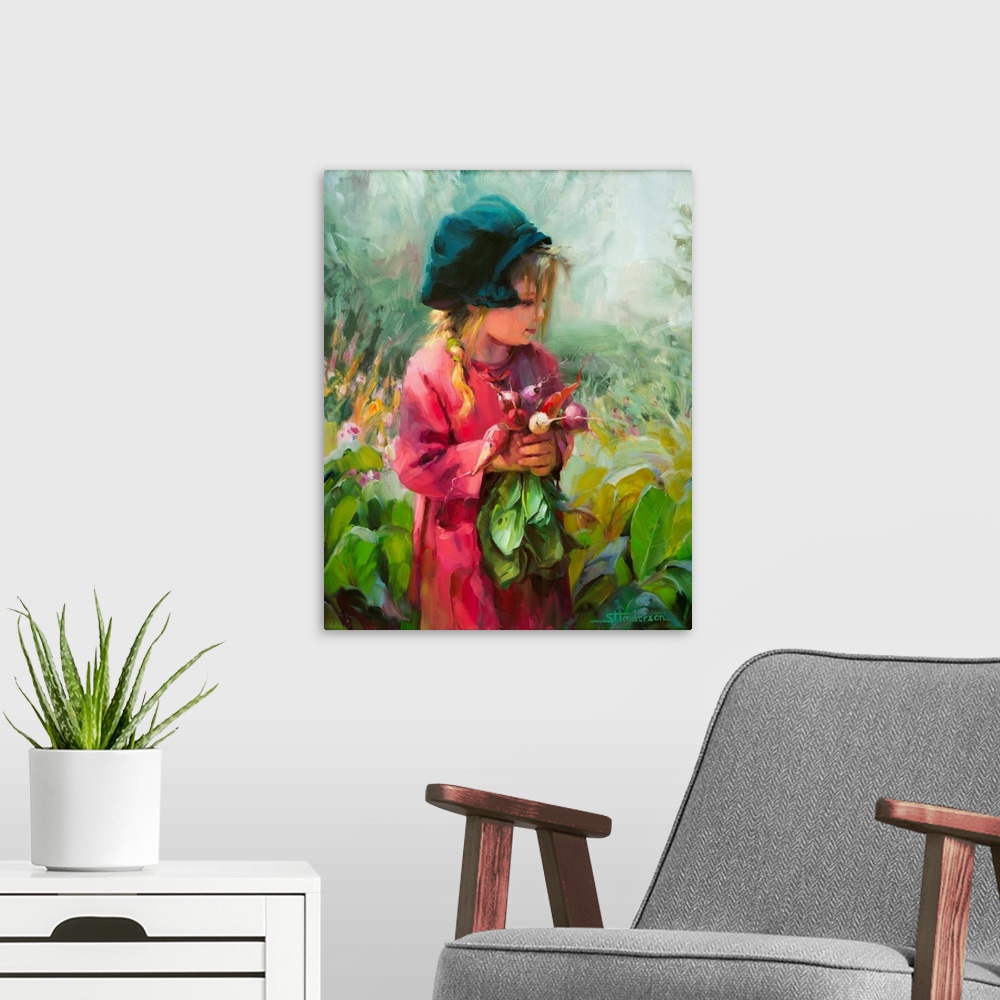 A modern room featuring Traditional impressionist oil painting of a little girl, in a green hat, holding a bouquet of rad...