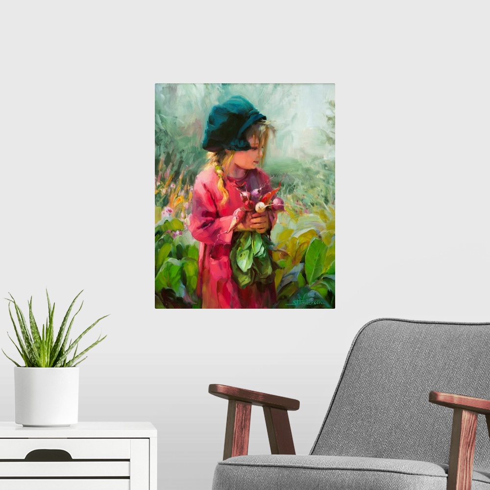 A modern room featuring Traditional impressionist oil painting of a little girl, in a green hat, holding a bouquet of rad...