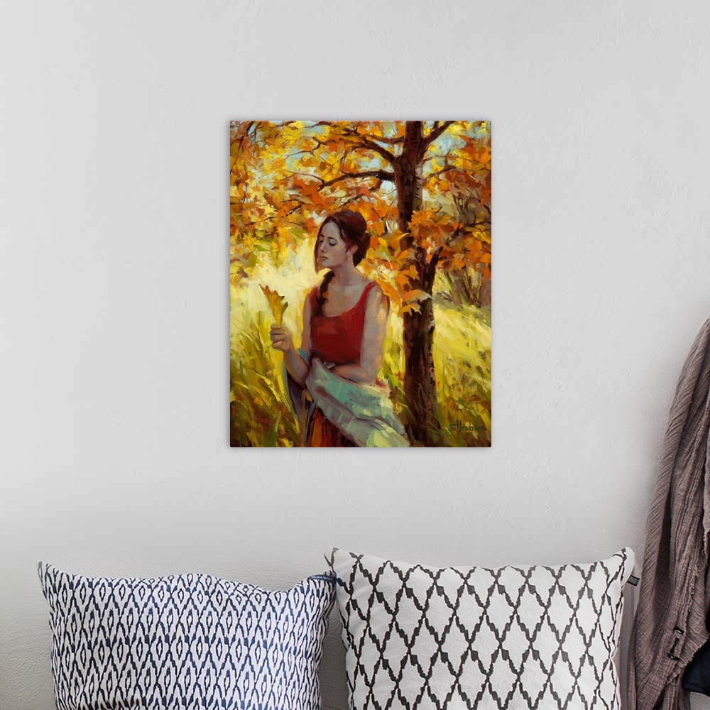 A bohemian room featuring Traditional representational painting of a young woman standing by a tree in autumn, looking at a...