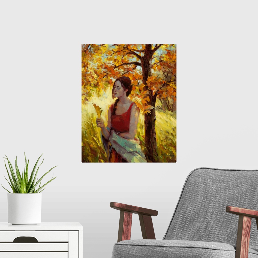 A modern room featuring Traditional representational painting of a young woman standing by a tree in autumn, looking at a...