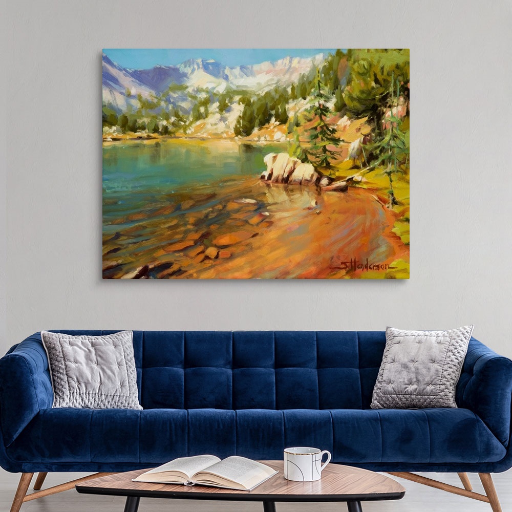 A modern room featuring Traditional impressionist landscape painting of an alpine wilderness lake. It is calm, quiet, and...