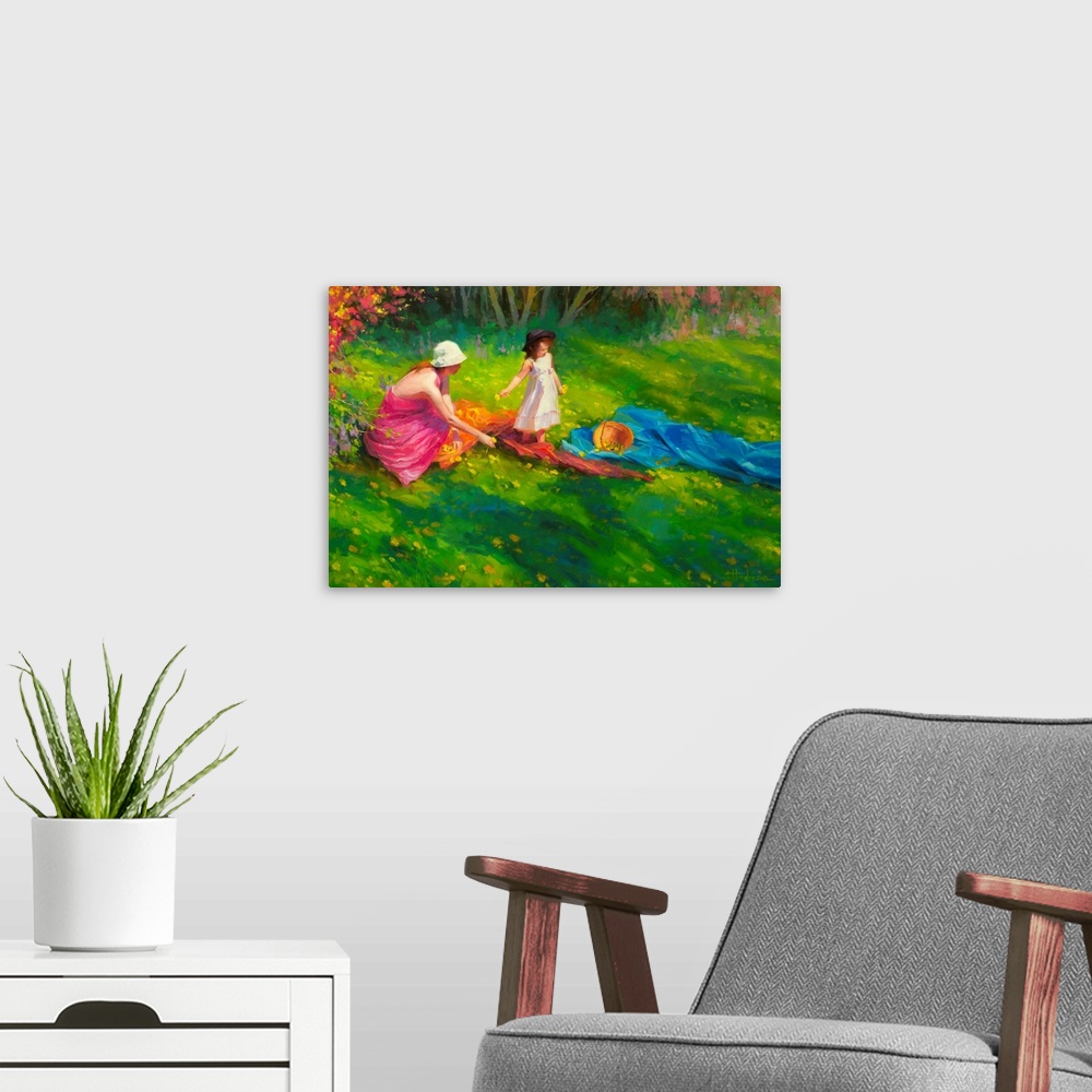 A modern room featuring Traditional representational painting of mother and daughter on country lawn with basket, picking...