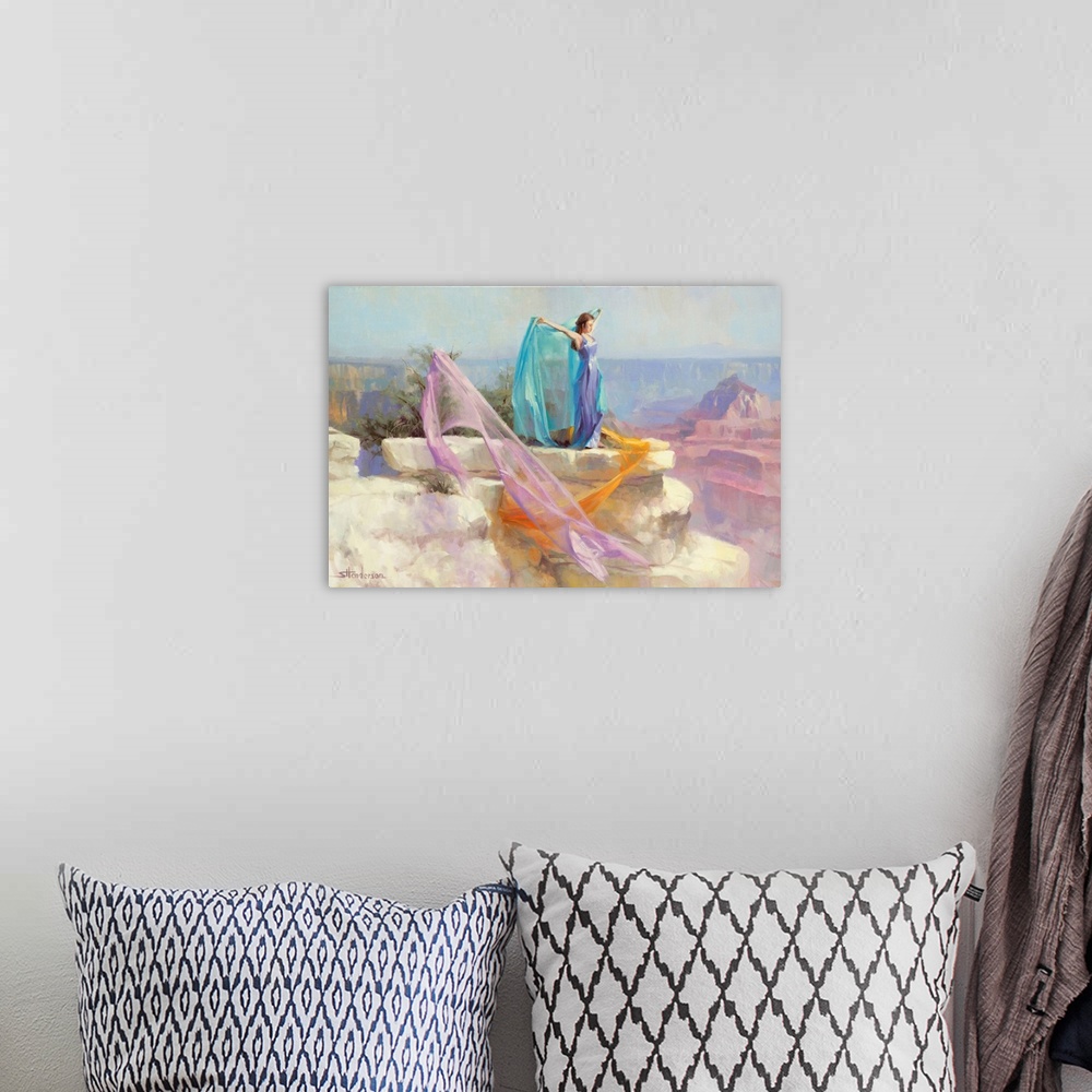 A bohemian room featuring Traditional representational painting of a woman in a lilac dress standing on a rock in the Grand...