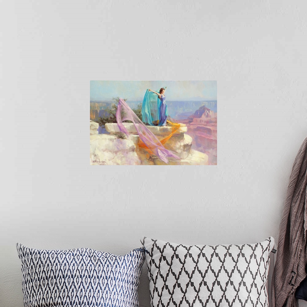 A bohemian room featuring Traditional representational painting of a woman in a lilac dress standing on a rock in the Grand...