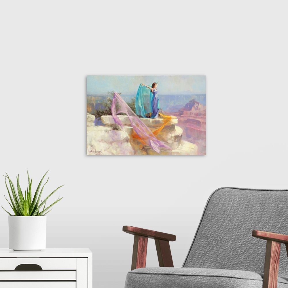 A modern room featuring Traditional representational painting of a woman in a lilac dress standing on a rock in the Grand...