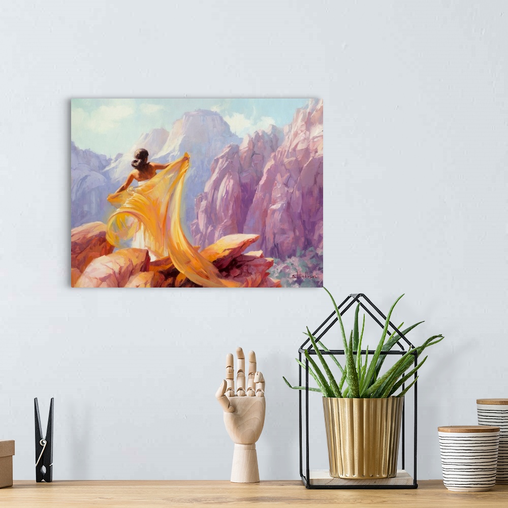 A bohemian room featuring Traditional impressionist painting of a beautiful woman standing before the pink cliffs of Zion N...