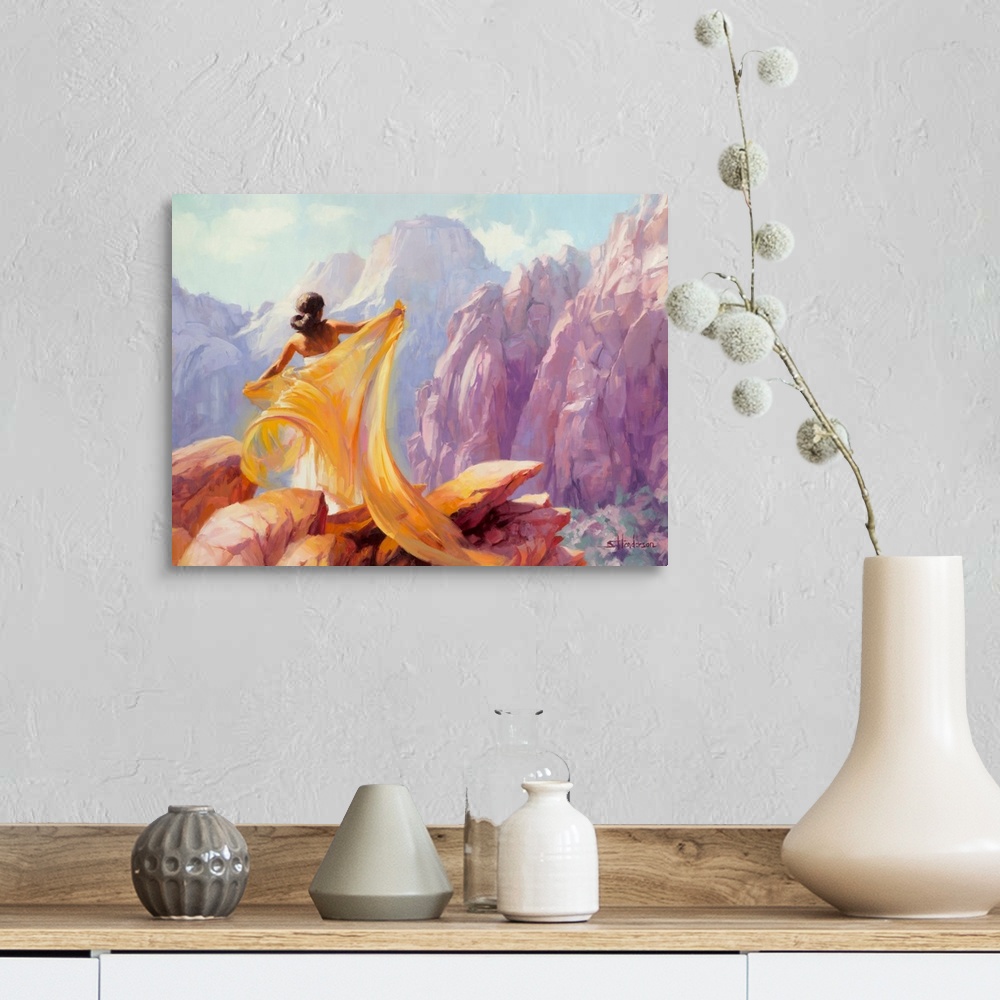 A farmhouse room featuring Traditional impressionist painting of a beautiful woman standing before the pink cliffs of Zion N...