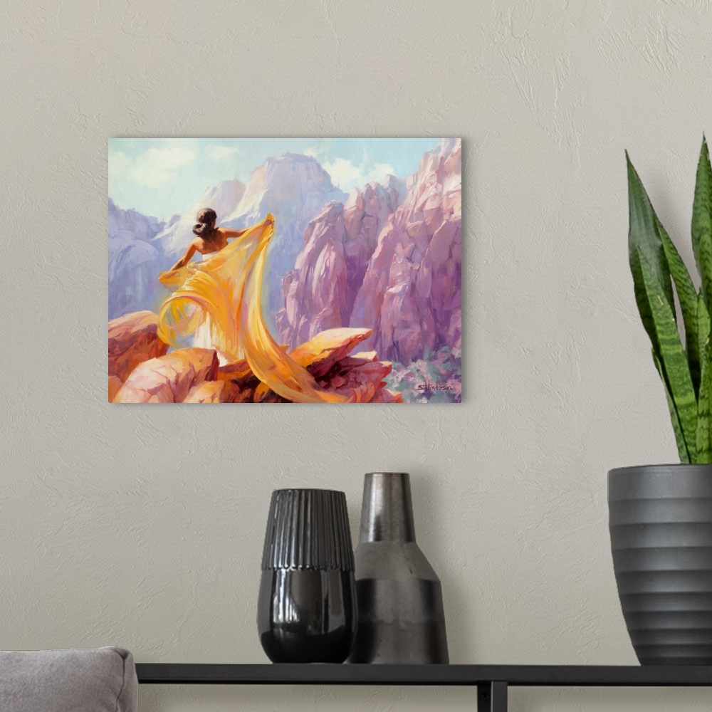 A modern room featuring Traditional impressionist painting of a beautiful woman standing before the pink cliffs of Zion N...